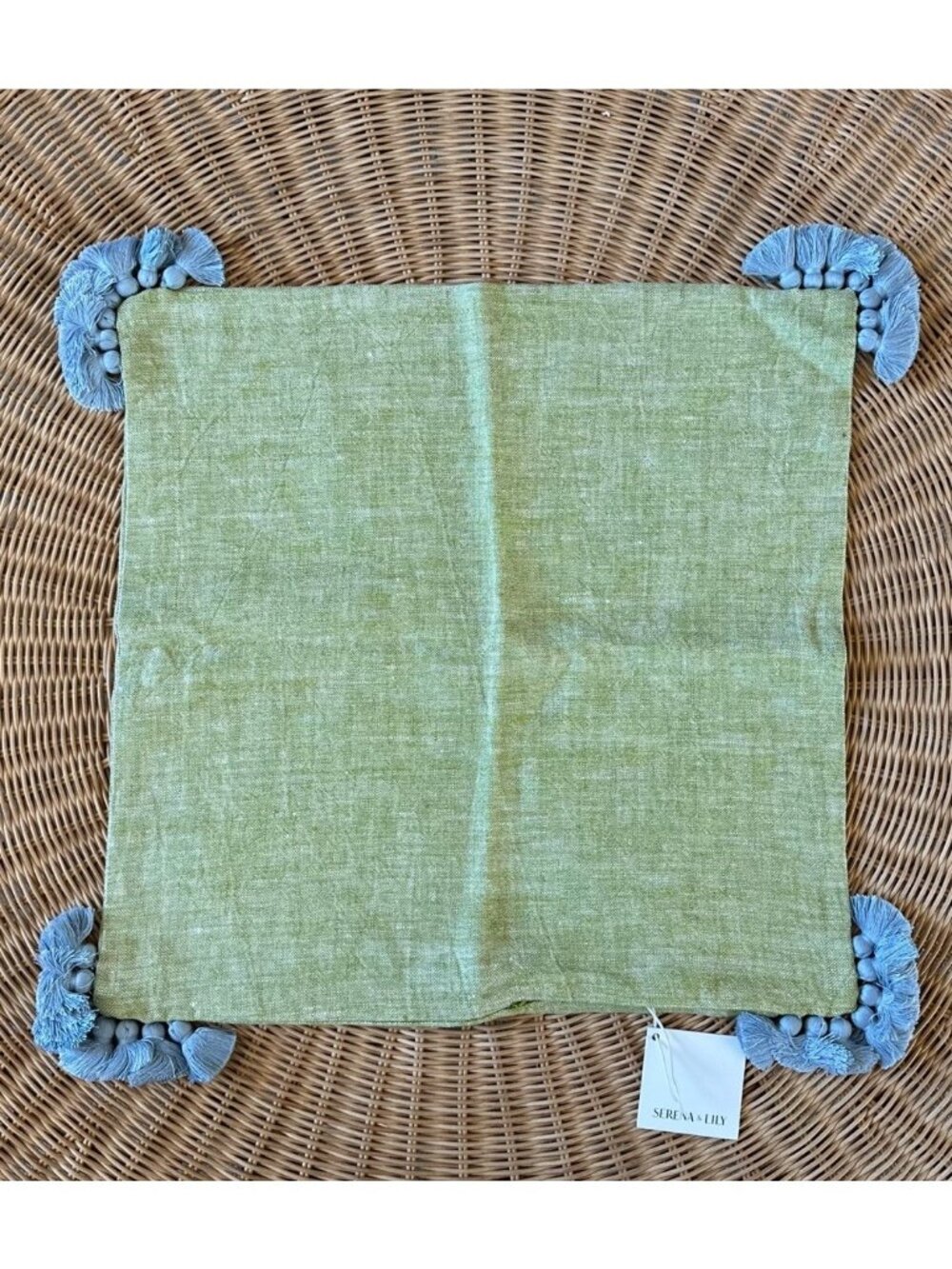 NEW Serena & Lily Cayucos Linen Pillow Cover (20” SQ)-Green/Coastal Blue